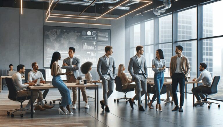 Emprendedores colaborando en un espacio de coworking moderno y luminoso, con pantallas digitales al fondo.