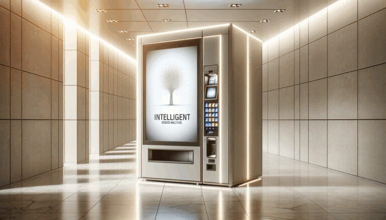 Máquina de vending inteligente en un entorno moderno y tecnológico