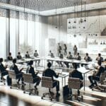 Reunión de inversores en una oficina moderna con gráficos y laptops en mesa.