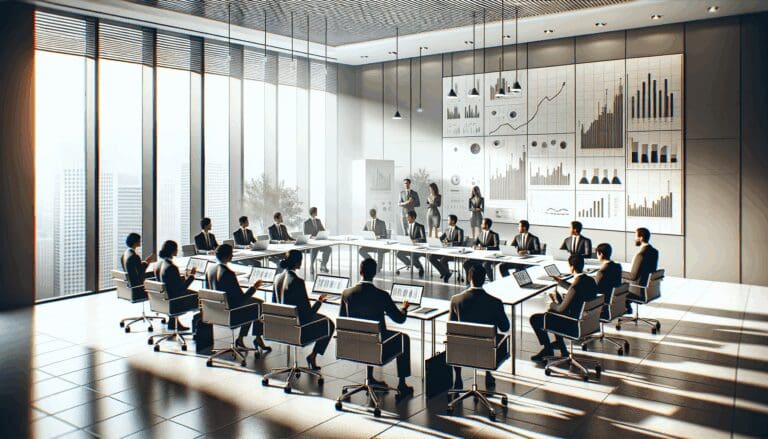 Reunión de inversores en una oficina moderna con gráficos y laptops en mesa.