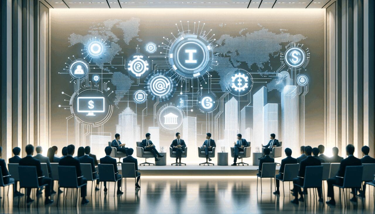 Panel de discusión en un foro tecnológico con enfoque en banca digital.