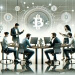 Ilustración de un equipo moderno en una oficina colaborando, con gráficos digitales de criptomonedas flotando.