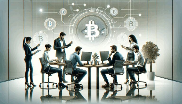 Ilustración de un equipo moderno en una oficina colaborando, con gráficos digitales de criptomonedas flotando.