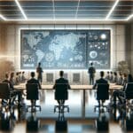 Sala de juntas moderna con ejecutivos reunidos y pantallas tecnológicas de fondo