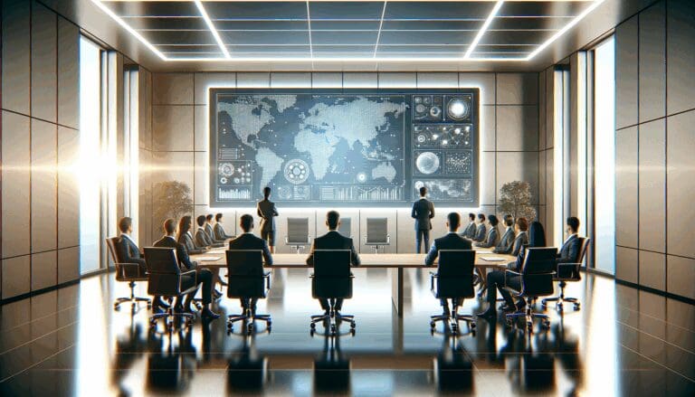 Sala de juntas moderna con ejecutivos reunidos y pantallas tecnológicas de fondo