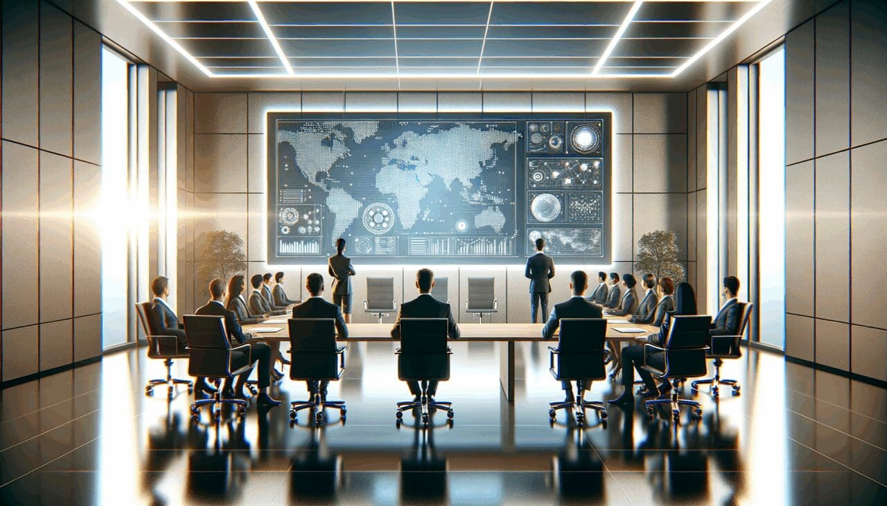 Sala de juntas moderna con ejecutivos reunidos y pantallas tecnológicas de fondo
