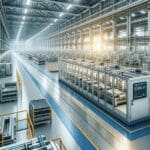 Interior de una fábrica de baterías industrial, líneas de ensamblaje modernas con luz natural y ambiente tecnológico.