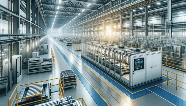 Interior de una fábrica de baterías industrial, líneas de ensamblaje modernas con luz natural y ambiente tecnológico.