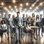 Grupo de emprendedores celebrando en un evento de startups con luces de fondo.