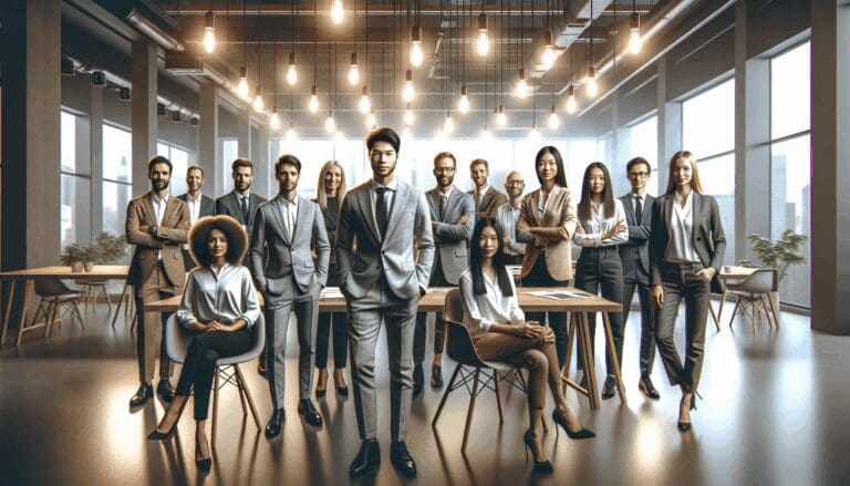 Grupo de emprendedores celebrando en un evento de startups con luces de fondo.
