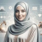 Mujer en un entorno tecnológico moderno con elementos de minería digital.