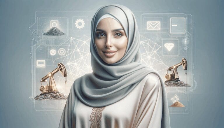 Mujer en un entorno tecnológico moderno con elementos de minería digital.