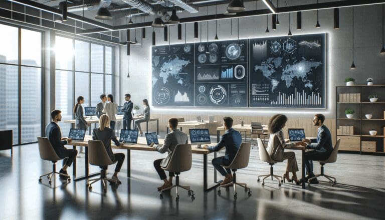 Emprendedores colaborando en un espacio de coworking moderno con pantallas mostrando gráficos y datos tecnológicos.