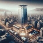 Vista panorámica del Sky Costanera durante un evento tecnológico en Santiago de Chile, con público y cityscape al fondo.