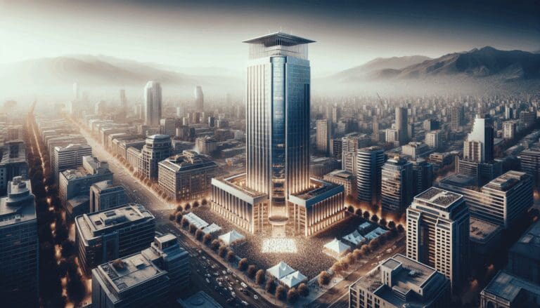 Vista panorámica del Sky Costanera durante un evento tecnológico en Santiago de Chile, con público y cityscape al fondo.