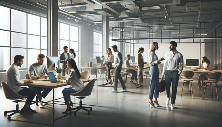 Personas colaborando en una oficina moderna, laptops y pizarras digitales de fondo.