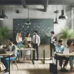 Jóvenes emprendedores colaborando en un espacio de coworking con pizarras y plantas de fondo.