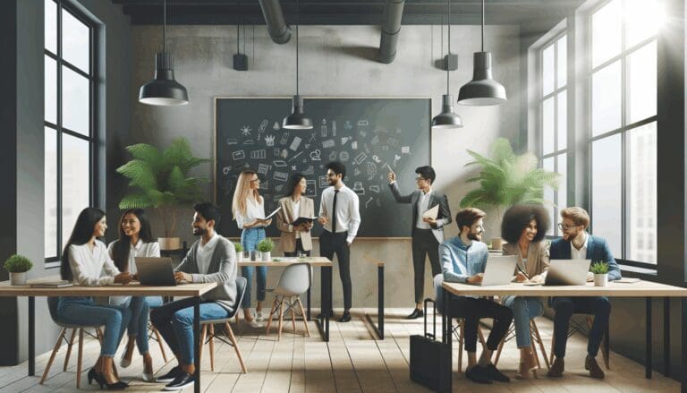 Jóvenes emprendedores colaborando en un espacio de coworking con pizarras y plantas de fondo.