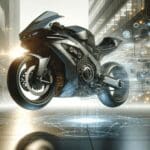 Motocicleta futurista flotando en un entorno urbano moderno, con fondo tecnológico y brillos de luz.