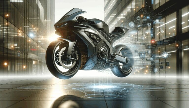 Motocicleta futurista flotando en un entorno urbano moderno, con fondo tecnológico y brillos de luz.