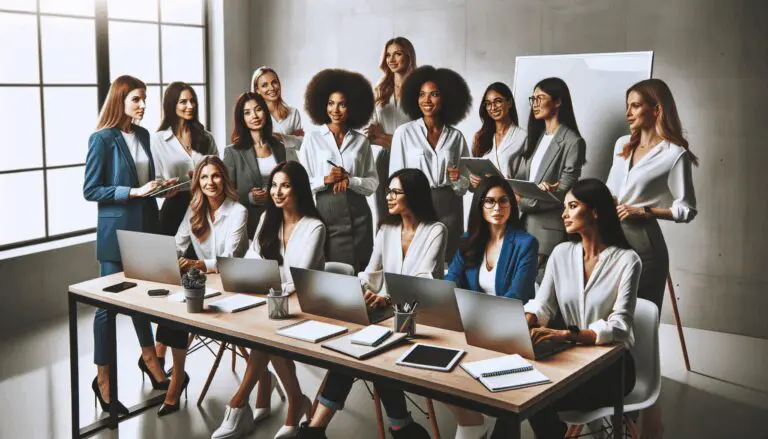 Grupo diverso de mujeres emprendedoras colaborando en una oficina moderna con laptops y pizarras, ambiente profesional y tecnológico.
