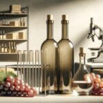 Botellas de vino vacías y uvas en un entorno de laboratorio moderno