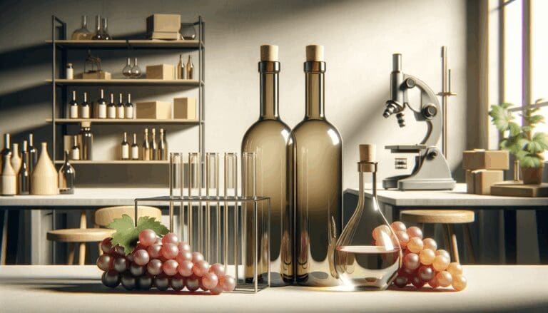 Botellas de vino vacías y uvas en un entorno de laboratorio moderno