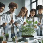 Fotografía de un equipo de jóvenes emprendedores analizando plantas y datos en un laboratorio moderno con enfoque ecológico.