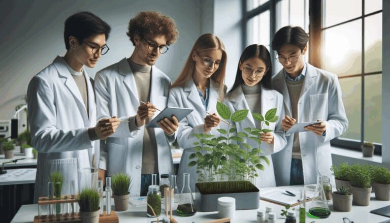 Fotografía de un equipo de jóvenes emprendedores analizando plantas y datos en un laboratorio moderno con enfoque ecológico.