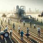 Personas trabajando en un campo agrícola con tecnología avanzada.