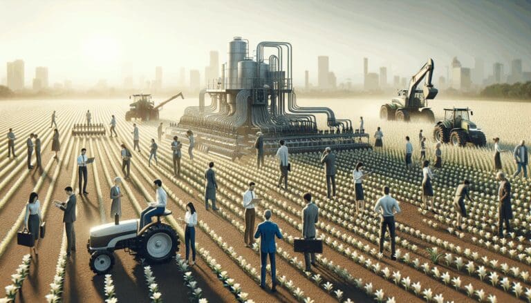 Personas trabajando en un campo agrícola con tecnología avanzada.