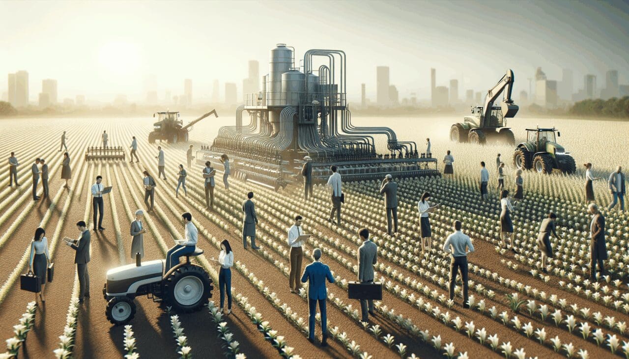 Personas trabajando en un campo agrícola con tecnología avanzada.