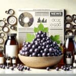 Placas de uva recicladas y frascos de suplementos naturales en una mesa de laboratorio moderna.