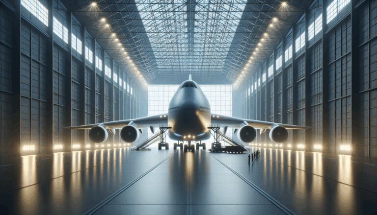 Render minimalista de un avión de carga colosal en hangar industrial iluminado.