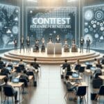 Concurso de jóvenes emprendedores en un auditorio moderno lleno de tecnología.