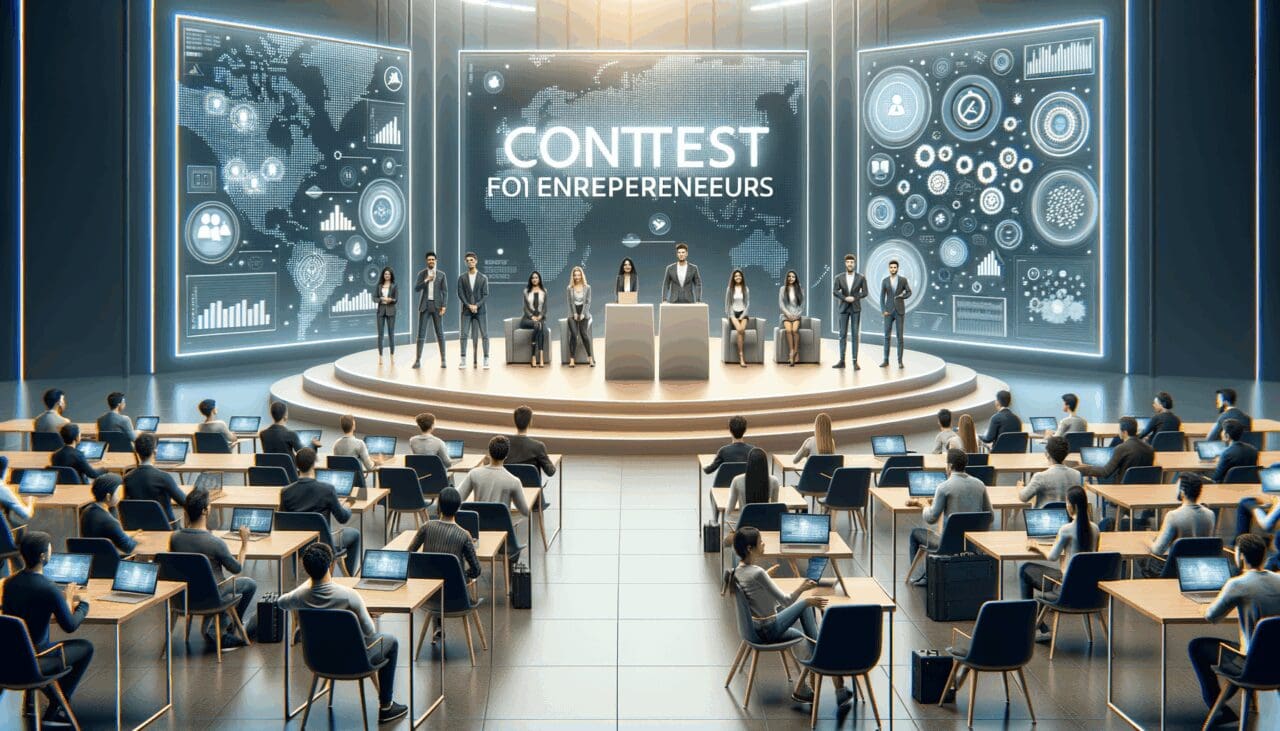 Concurso de jóvenes emprendedores en un auditorio moderno lleno de tecnología.