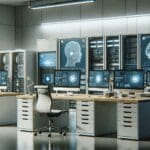 Computadoras y servidores en una oficina moderna con gráficos de inteligencia artificial en pantalla.