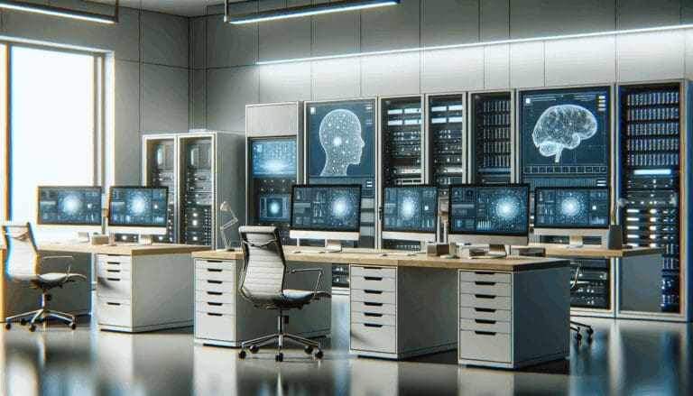 Computadoras y servidores en una oficina moderna con gráficos de inteligencia artificial en pantalla.