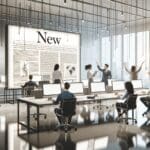 Oficina moderna con computadoras, emprendedores colaborando y ambiente tecnológico.