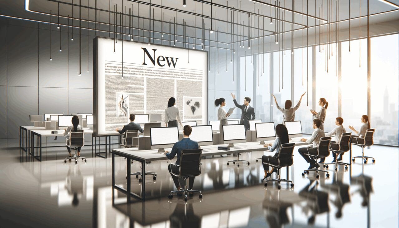 Oficina moderna con computadoras, emprendedores colaborando y ambiente tecnológico.
