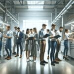 Técnicos jóvenes trabajando en un taller moderno con equipos industriales en un entorno luminoso.