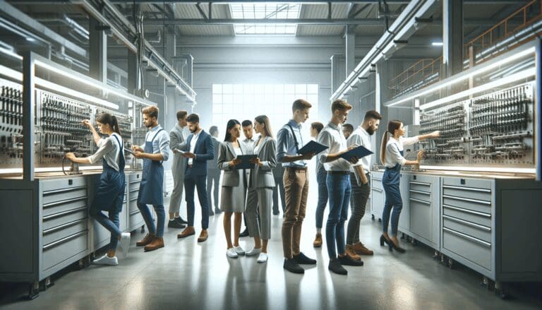 Técnicos jóvenes trabajando en un taller moderno con equipos industriales en un entorno luminoso.