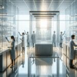 Primer plano de laboratorio moderno con frascos transparentes y científicos manipulando muestras bajo luz neutral.