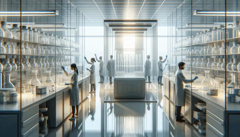 Primer plano de laboratorio moderno con frascos transparentes y científicos manipulando muestras bajo luz neutral.