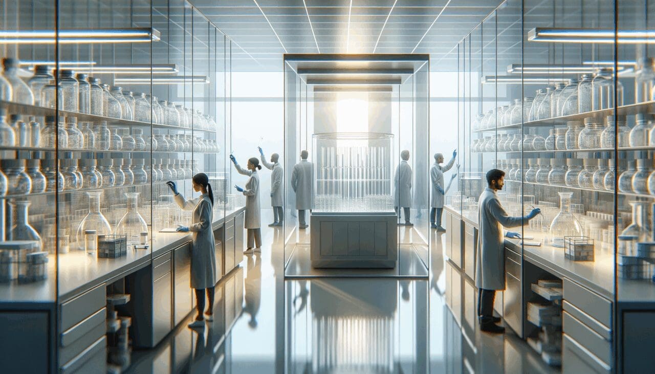 Primer plano de laboratorio moderno con frascos transparentes y científicos manipulando muestras bajo luz neutral.