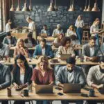 Grupo de emprendedores trabajando en un espacio de coworking moderno con pizarras y laptops.