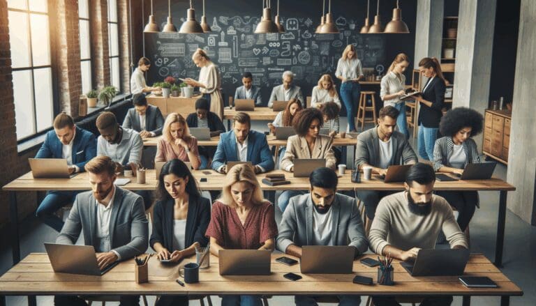 Grupo de emprendedores trabajando en un espacio de coworking moderno con pizarras y laptops.