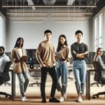 Personas colaborando en un espacio moderno de coworking con pantallas y tecnología avanzada.