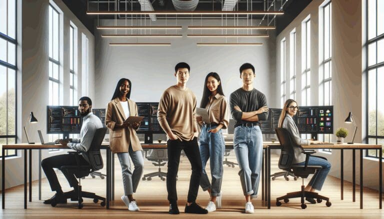 Personas colaborando en un espacio moderno de coworking con pantallas y tecnología avanzada.