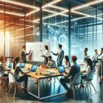 Fotografía luminosa de un equipo joven desarrollando ideas en un espacio de cowork moderno, con pizarras, laptops y un fondo tecnológico.